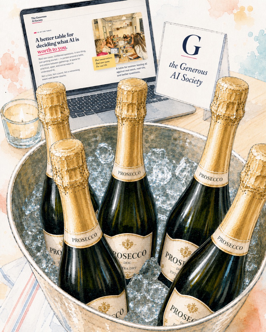 Watercolour illustration of a bucket of prosecco beside a laptop at the table