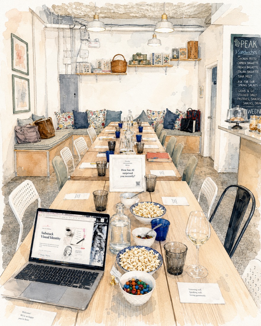 Watercolour illustration of the long table set for a gathering