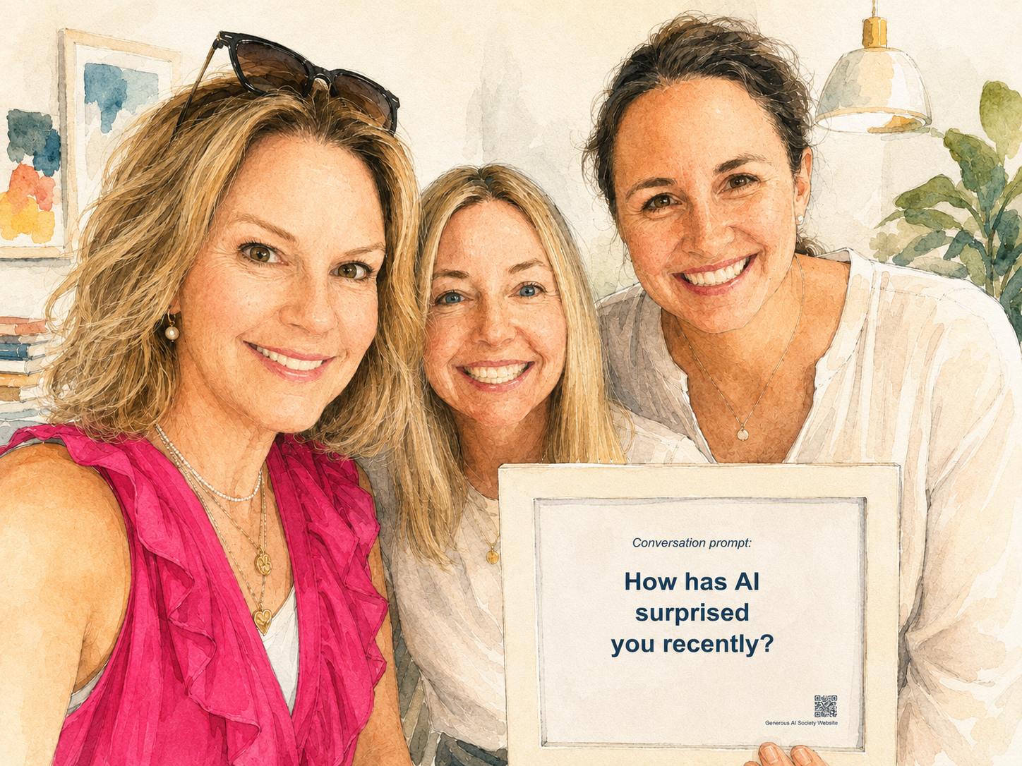 Watercolour illustration of Katrina C Foster, Debbie Collins and Caroline Wakefield together, holding a framed card that reads: Conversation prompt &mdash; How has AI surprised you recently?
