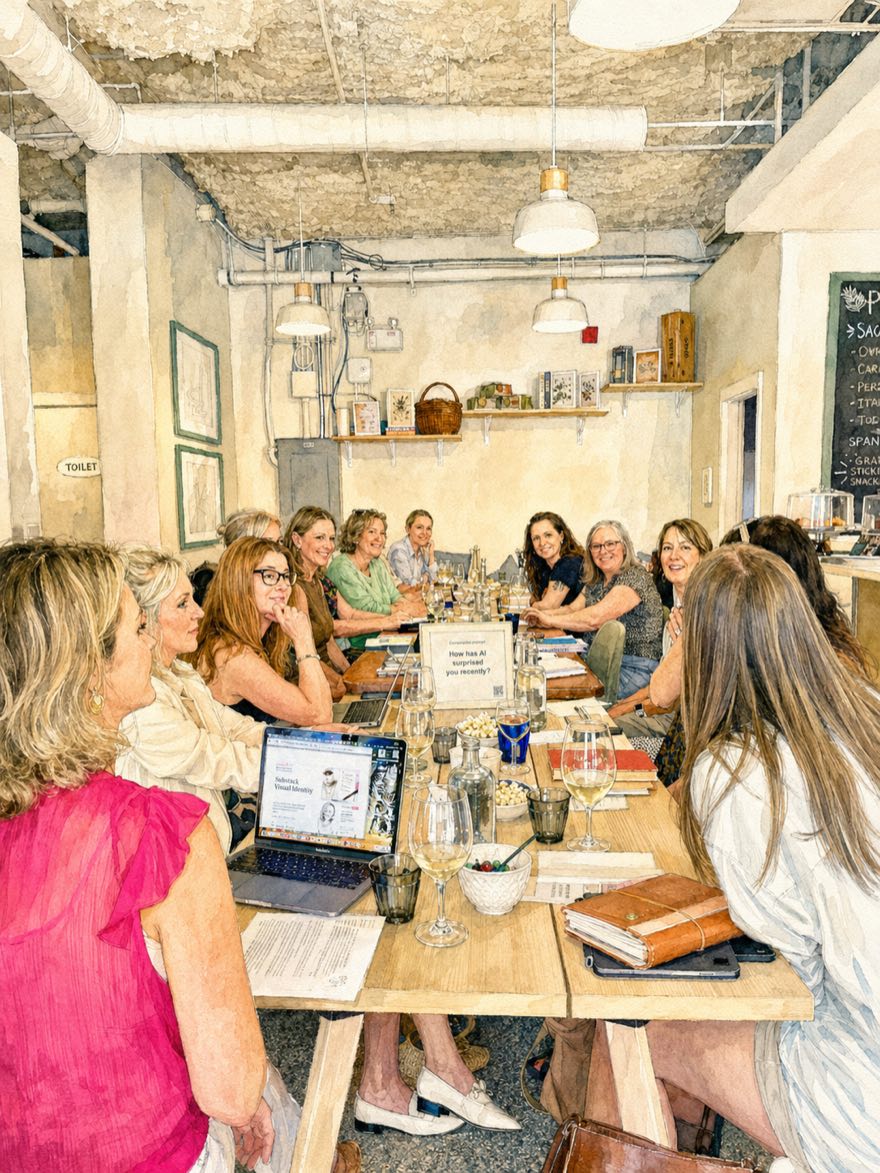 Women of varied ages around the long wooden table at a Bubbles & Bots gathering, laptops and glasses in hand.